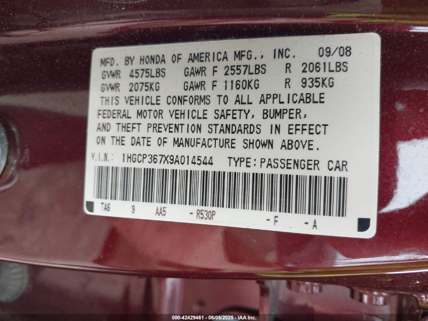 2009 Honda Accord 3.5 Ex VIN: 1HGCP367X9A014544 Lot: 42429461