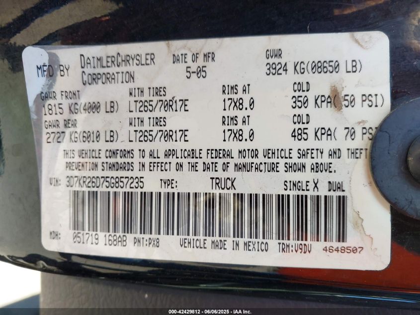 2005 Dodge Ram 2500 Slt/Laramie VIN: 3D7KR26D75G857235 Lot: 42429812