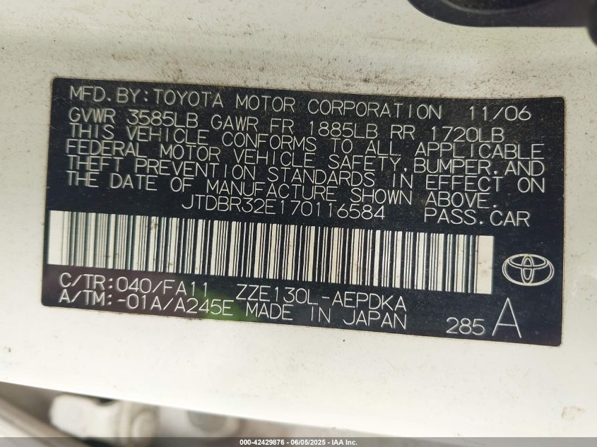 2007 Toyota Corolla Ce VIN: JTDBR32E170116584 Lot: 42429876