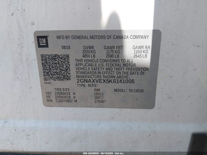 2019 Chevrolet Equinox Lt VIN: 3GNAXVEX1KS526997 Lot: 42430039