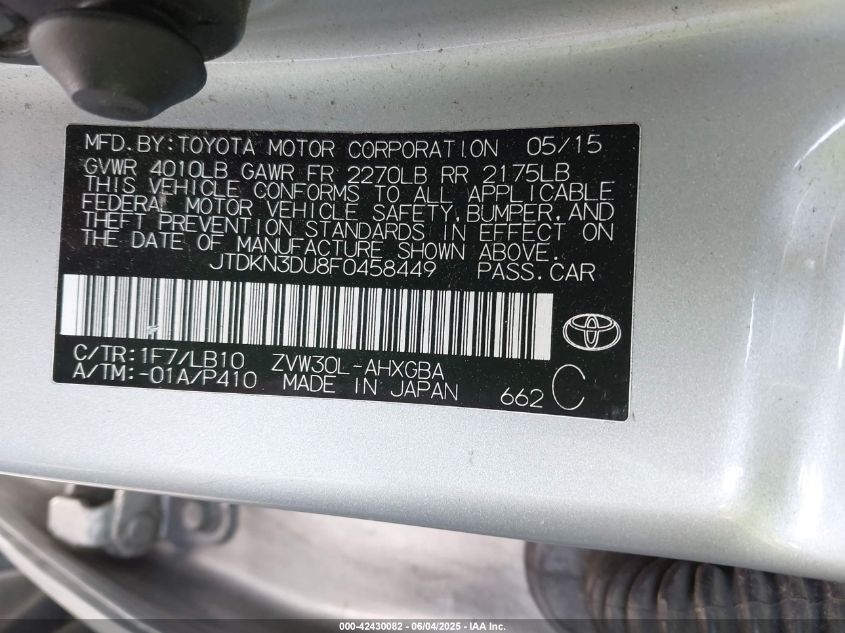 2015 Toyota Prius Four VIN: JTDKN3DU8F0458449 Lot: 42430082