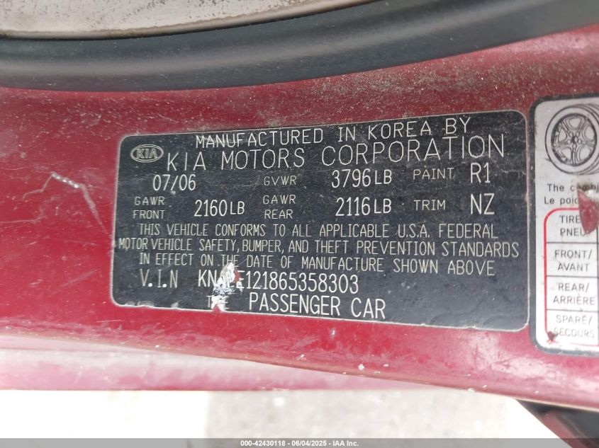 2006 Kia Spectra Ex/Lx/Sx VIN: KNAFE121865358303 Lot: 42430118