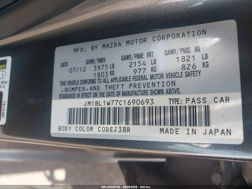 2012 MAZDA MAZDA3 VIN: JM1BL1W77C1690693
