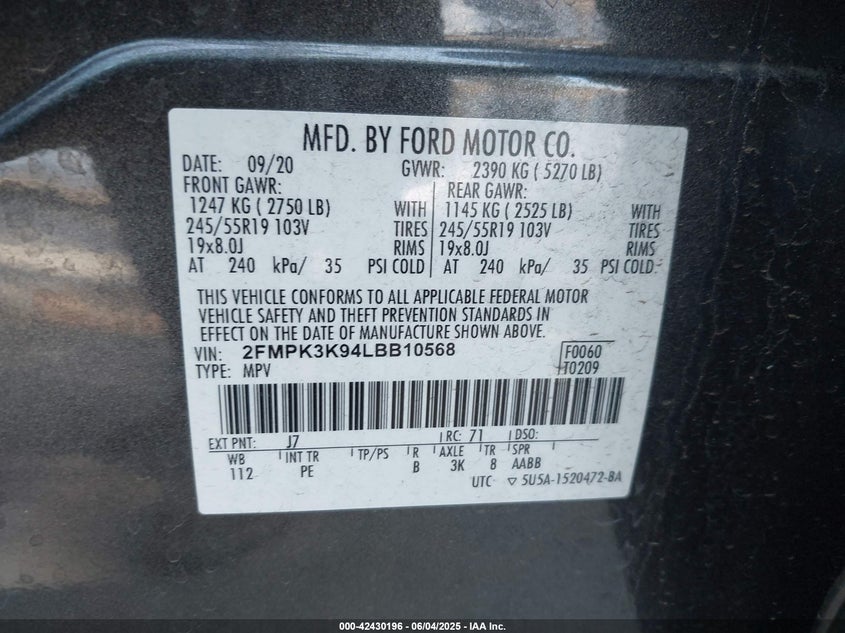 2020 FORD EDGE VIN: 2FMPK3K94LBB10568