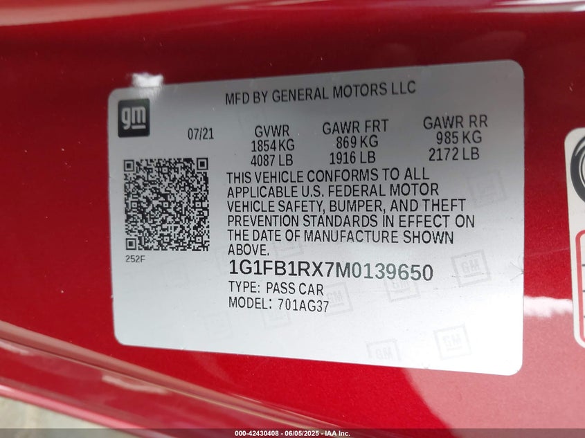 2021 CHEVROLET CAMARO VIN: 1G1FB1RX7M0139650
