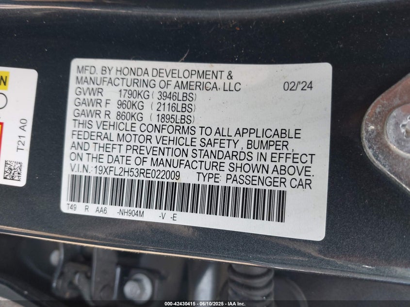 VIN 19XFL2H53RE022009 2024 HONDA CIVIC LX