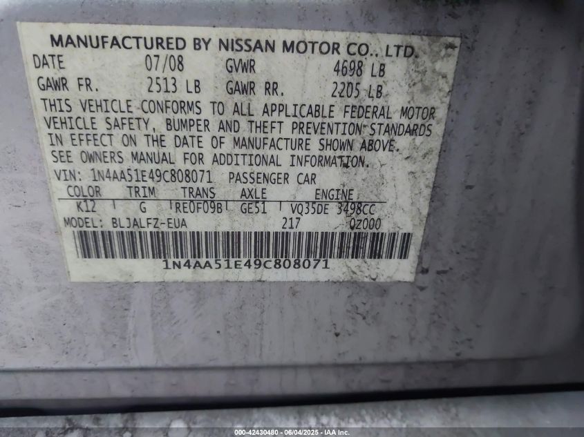 2009 Nissan Maxima 3.5 Sv VIN: 1N4AA51E49C808071 Lot: 42430480