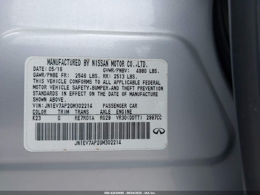 2016 INFINITI Q50 3.0T SPORT - JN1EV7AP2GM302214