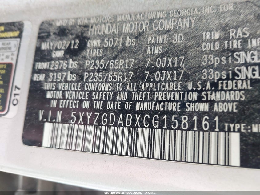 2012 HYUNDAI SANTA FE VIN: 5XYZGDABXCG158161