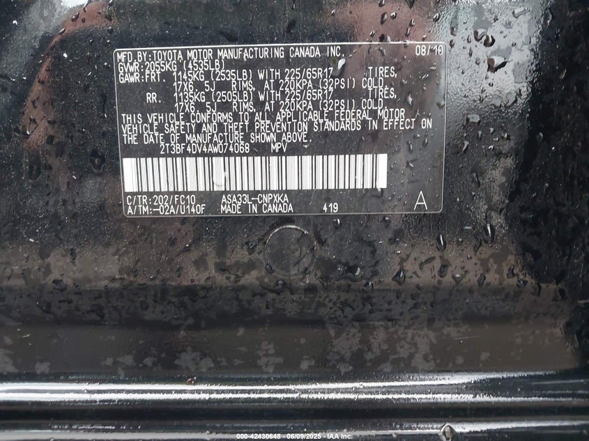 2010 TOYOTA RAV4 VIN: 2T3BF4DV4AW074068
