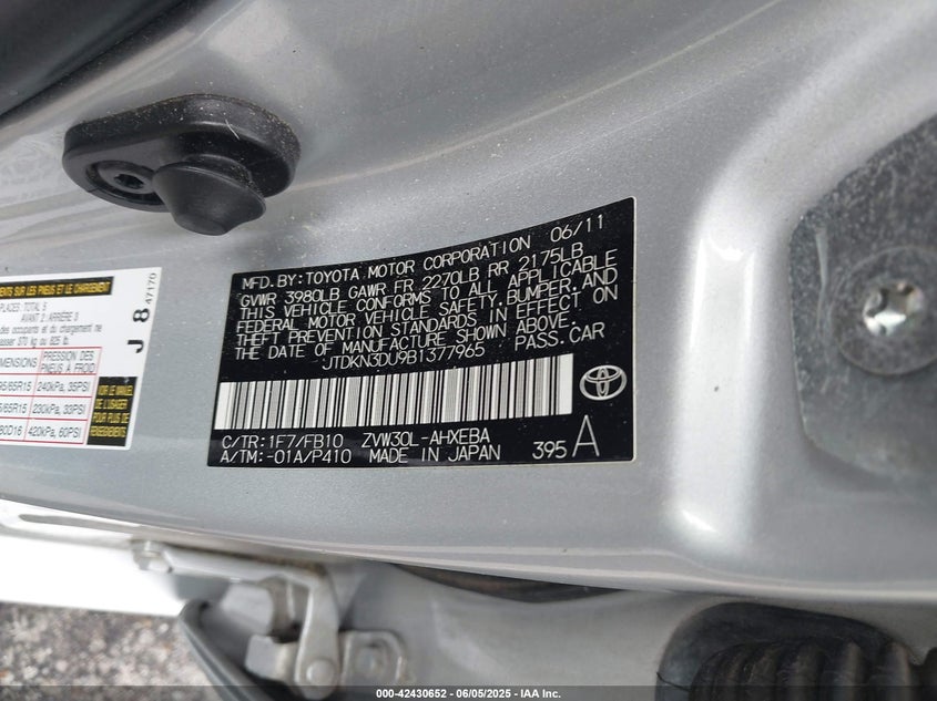 2011 TOYOTA PRIUS VIN: JTDKN3DU9B1377965