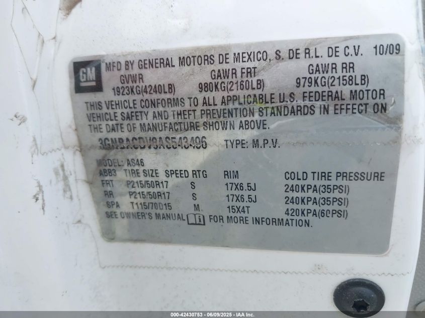 2010 Chevrolet Hhr Lt VIN: 3GNBACDV8AS54349 Lot: 42430753