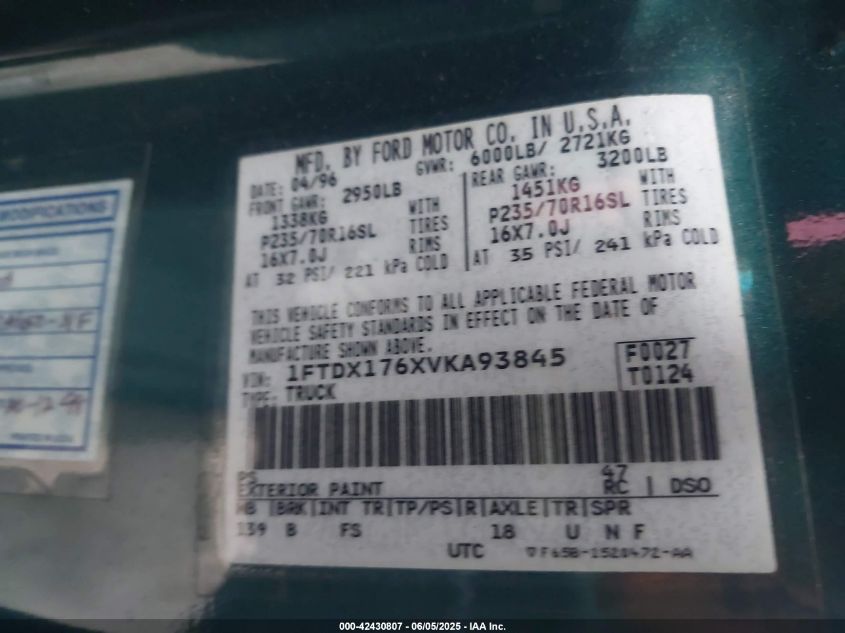 1997 Ford F-150 Lariat/Standard/Xl/Xlt VIN: 1FTDX176XVKA93845 Lot: 42430807