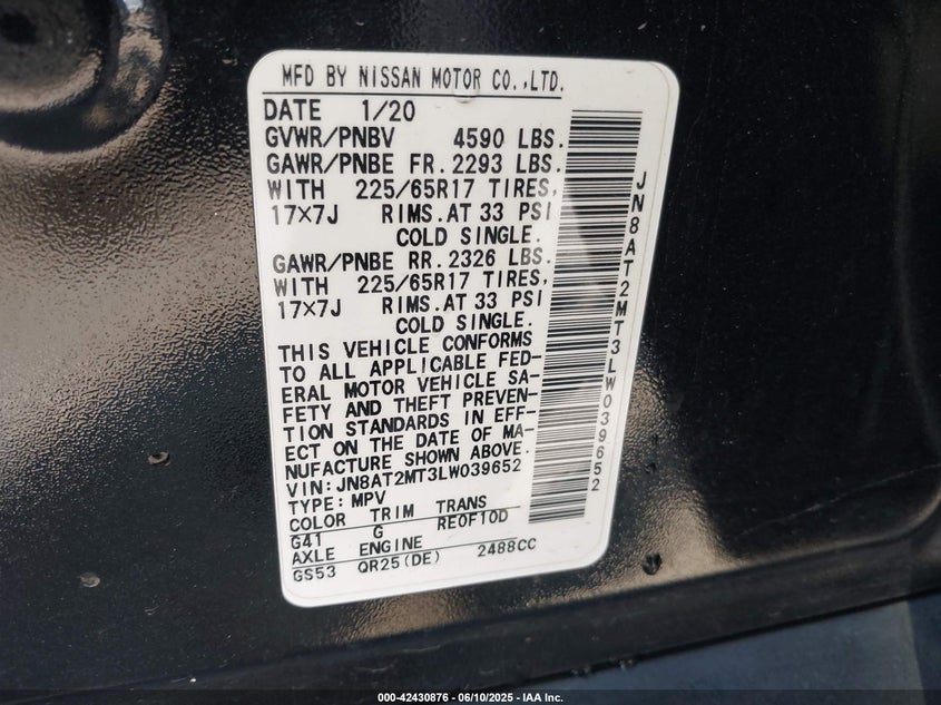 2020 NISSAN ROGUE VIN: JN8AT2MT3LW039652