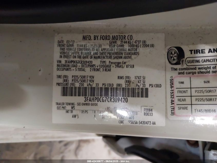 2012 Ford Fusion Sel VIN: 3FAHP0CG7CR309420 Lot: 42430877