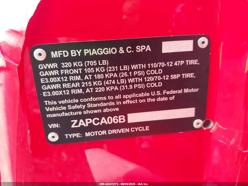 VIN ZAPCA06B3P5107137 2023 VESPA PRIMAVERA/SPRINT 50