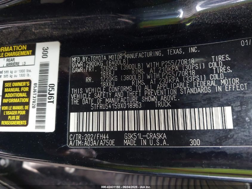 2009 Toyota Tundra Grade V6 VIN: 5TFRU54159X018963 Lot: 42431150