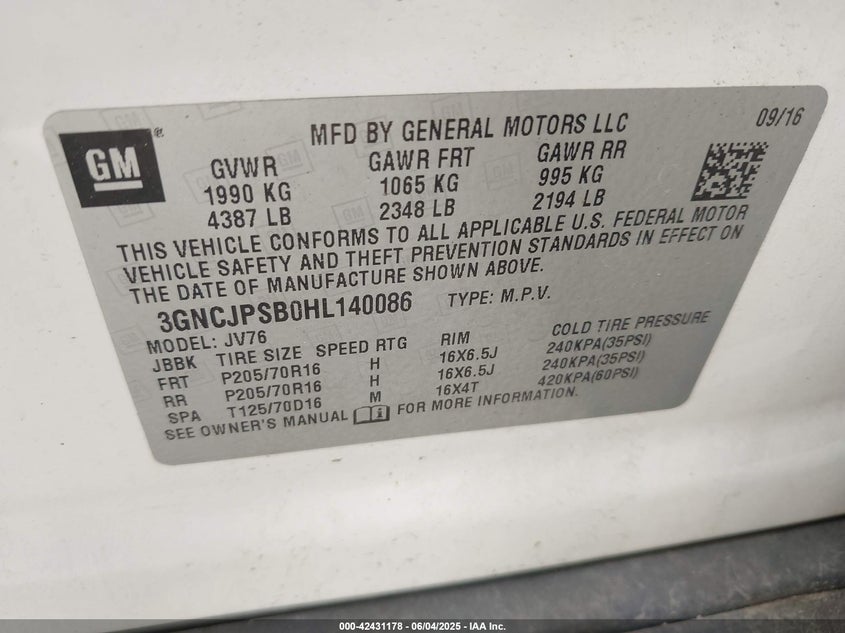 2017 CHEVROLET TRAX VIN: 3GNCJPSB0HL140086