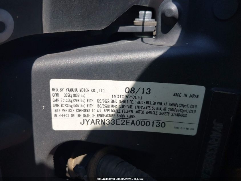 2014 Yamaha Fz09 VIN: JYARN33E2EA000130 Lot: 42431258