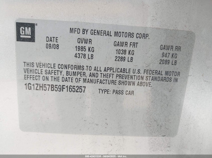 2009 CHEVROLET MALIBU VIN: 1G1ZH57B59F165257