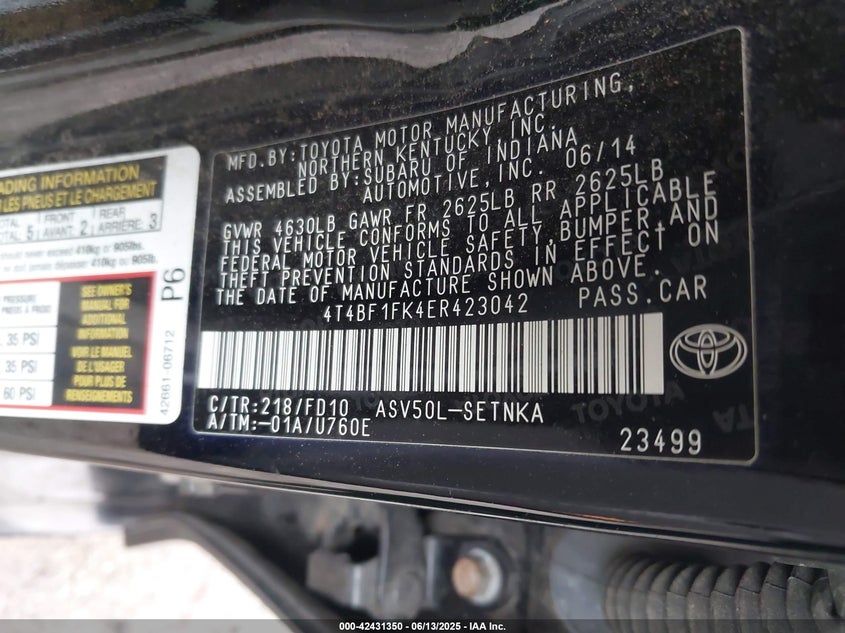 2014 TOYOTA CAMRY VIN: 4T4BF1FK4ER423042