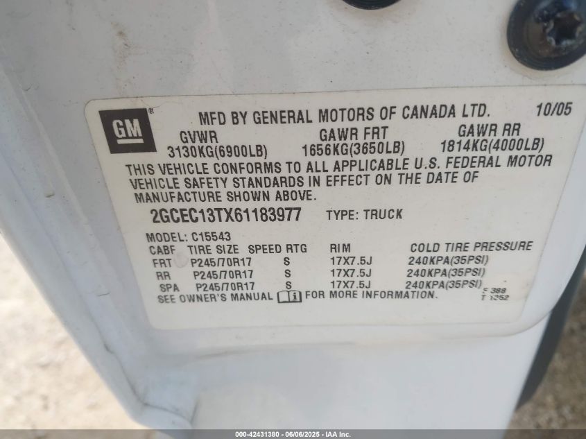 2006 Chevrolet Silverado 1500 Lt2 VIN: 2GCEC13TX61183977 Lot: 42431380