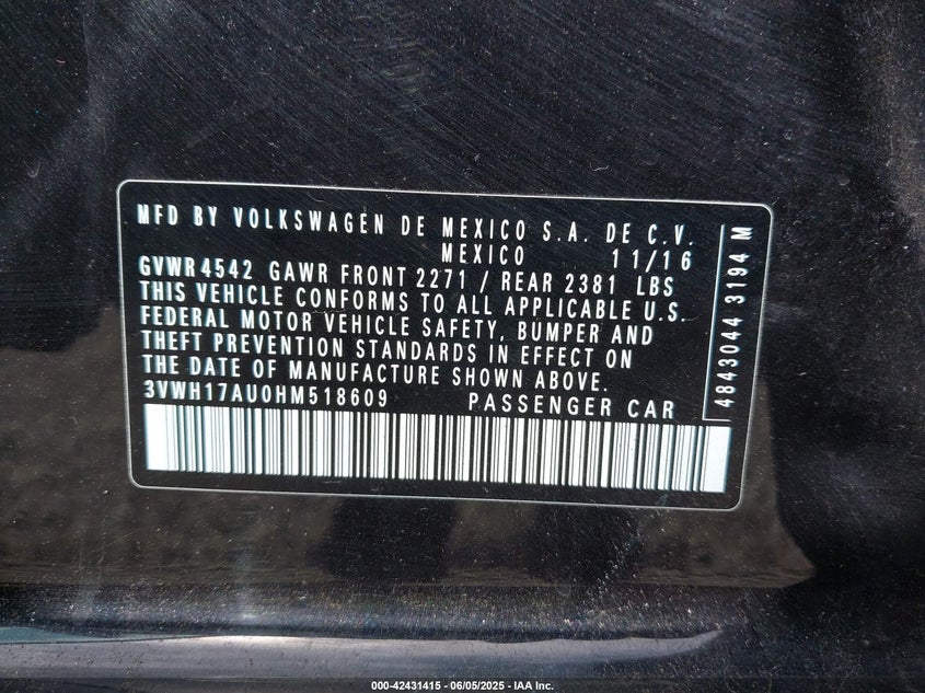 2017 VOLKSWAGEN GOLF ALLTRACK TSI S/TSI SE/TSI SEL - 3VWH17AU0HM518609