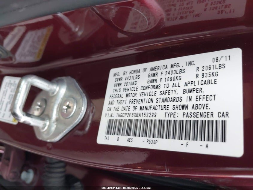 2011 HONDA ACCORD VIN: 1HGCP2F8XBA152299