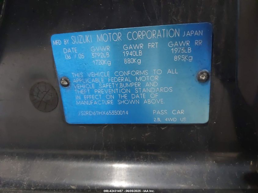 2006 Suzuki Aerio Sx VIN: JS2RD61HX65350014 Lot: 42431457