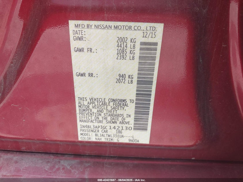 2016 NISSAN ALTIMA VIN: 1N4BL3AP3GC142130
