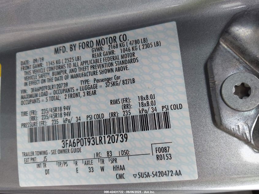 2020 Ford Fusion Se VIN: 3FA6P0T93LR120739 Lot: 42431722