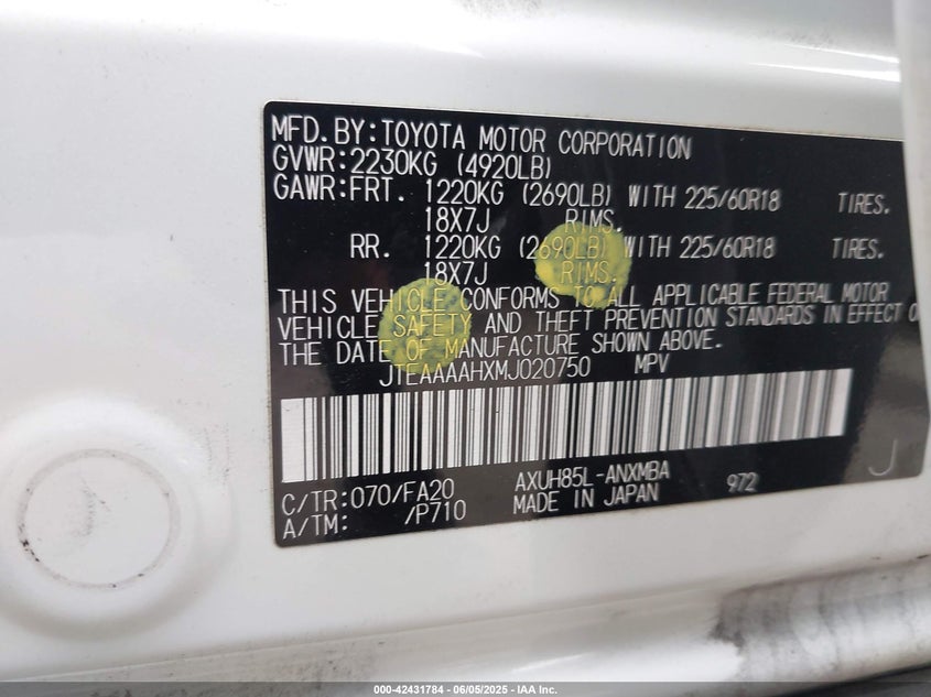 2021 TOYOTA VENZA VIN: JTEAAAAHXMJ020750