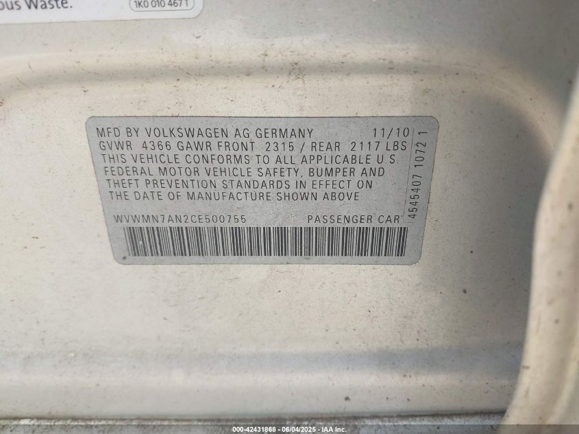 2012 Volkswagen Cc Sport VIN: WVWMN7AN2CE500755 Lot: 42431868