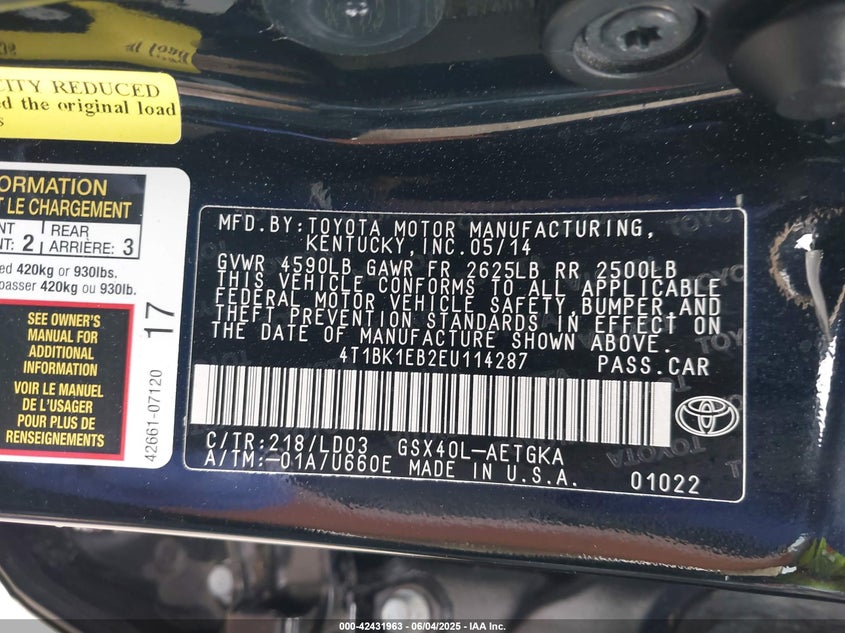 2014 TOYOTA AVALON XLE - 4T1BK1EB2EU114287