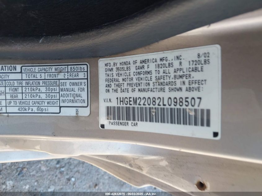 2002 Honda Civic Ex VIN: 1HGEM22082L098507 Lot: 42432075