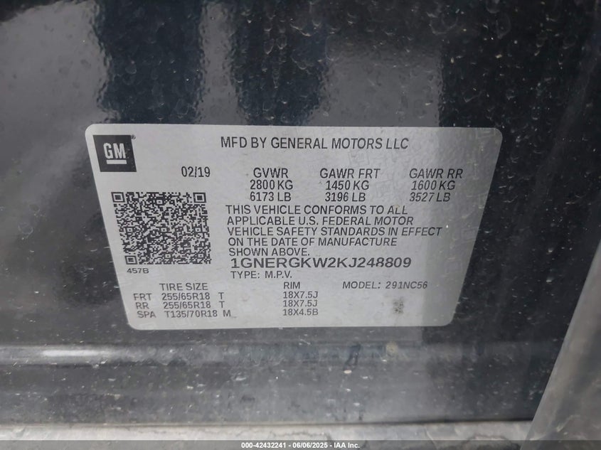 VIN 1GNERGKW2KJ248809 2019 CHEVROLET TRAVERSE LT