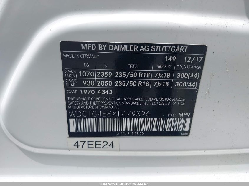 2018 Mercedes-Benz Gla 250 VIN: WDCTG4EBXJJ479396 Lot: 42923177