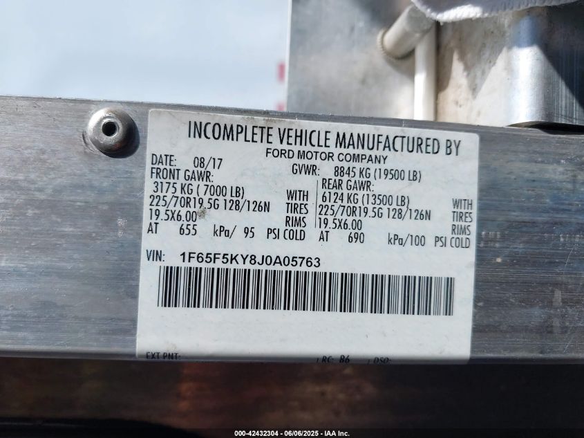 2018 Ford F-59 Commercial Stripped VIN: 1F65F5KY8J0A05763 Lot: 42432304