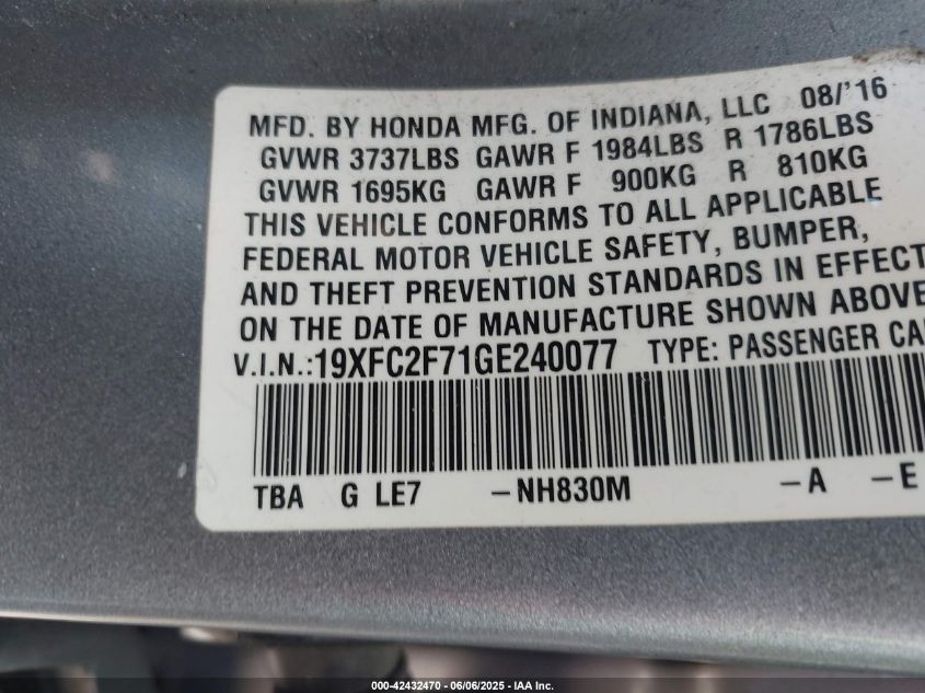 2016 Honda Civic Ex VIN: 19XFC2F71GE240077 Lot: 42432470