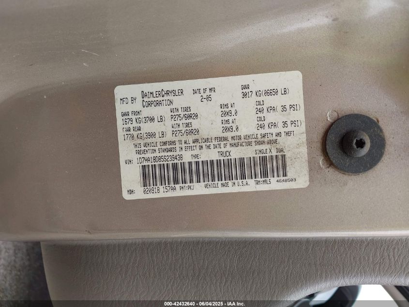 2005 Dodge Ram 1500 Slt/Laramie VIN: 1D7HA18D85S2394 Lot: 42432640