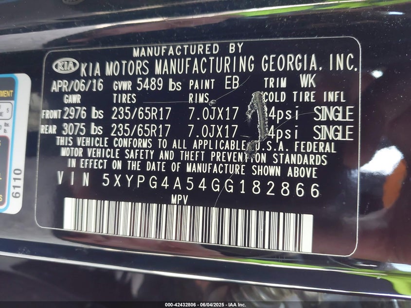 2016 KIA SORENTO VIN: 5XYPG4A54GG182866
