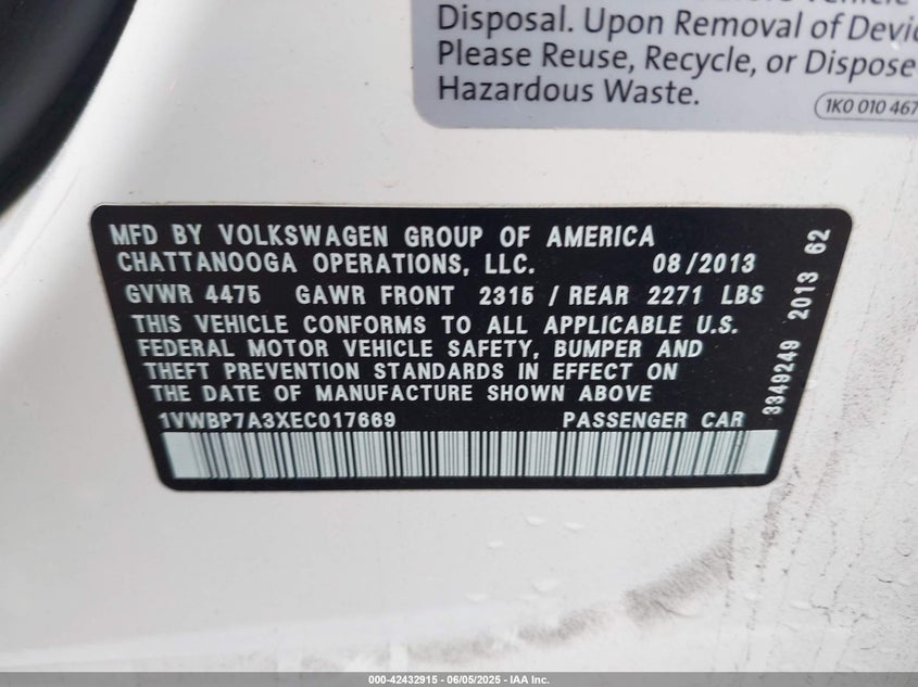 2014 VOLKSWAGEN PASSAT 2.5L SE - 1VWBP7A3XEC017669