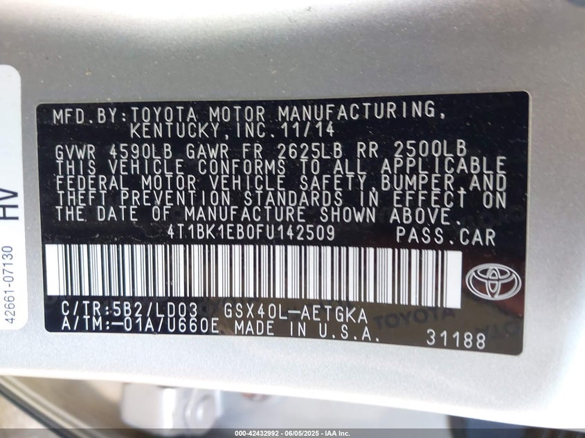 2015 TOYOTA AVALON VIN: 4T1BK1EB0FU142509