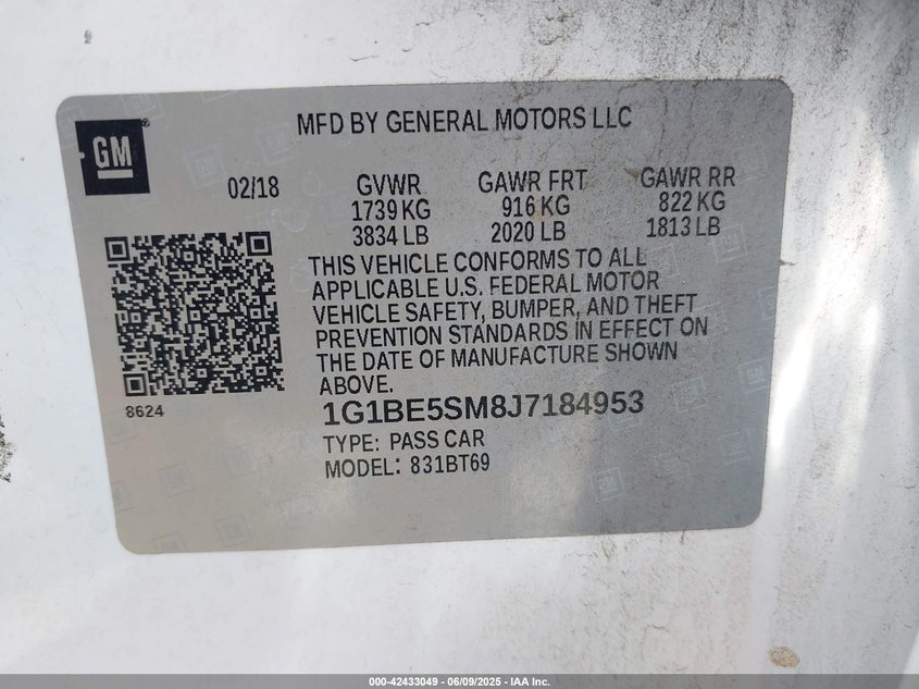 2018 CHEVROLET CRUZE VIN: 1G1BE5SM8J7184953