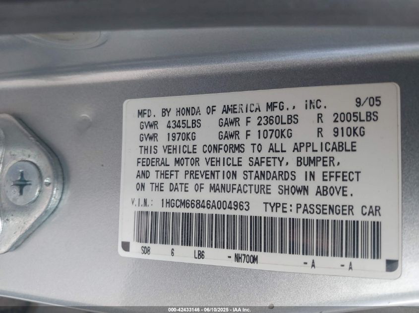 2006 Honda Accord 3.0 Ex VIN: 1HGCM66846A004963 Lot: 42433146