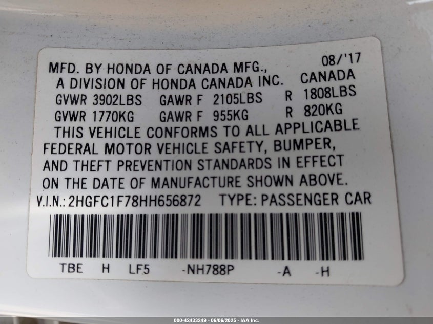 VIN 2HGFC1F78HH656872 2017 HONDA CIVIC EX-L