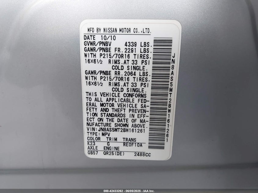 2011 NISSAN ROGUE VIN: JN8AS5MT2BW161261