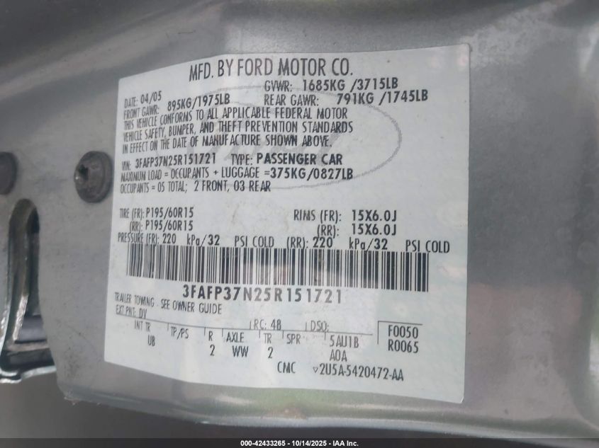 2005 Ford Focus Zx5 VIN: 3FAFP37N25R151721 Lot: 42433265