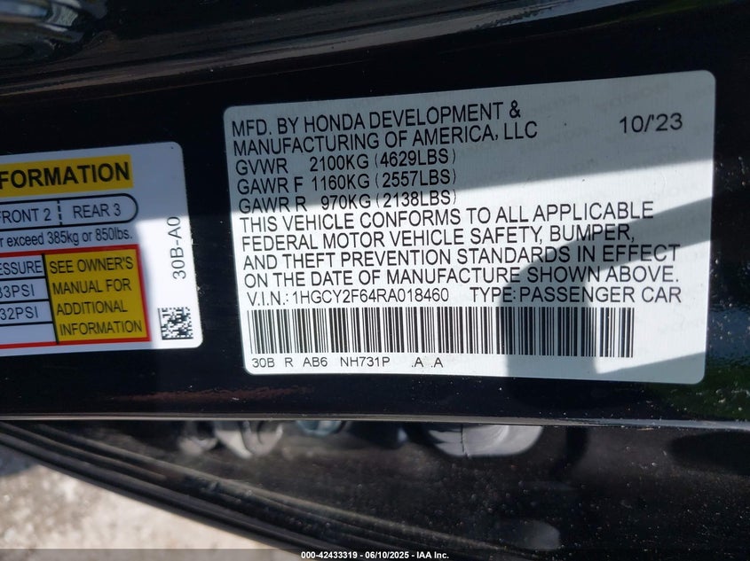 2024 HONDA ACCORD 2.0L I-4 DI, DOHC, V(VIN: 1HGCY2F64RA018460