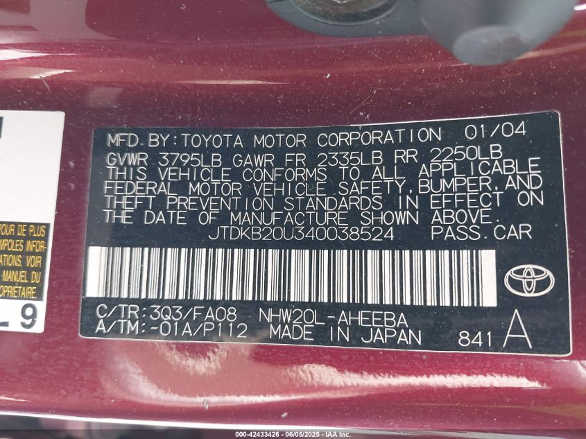 2004 Toyota Prius VIN: JTDKB20U340038524 Lot: 42433426